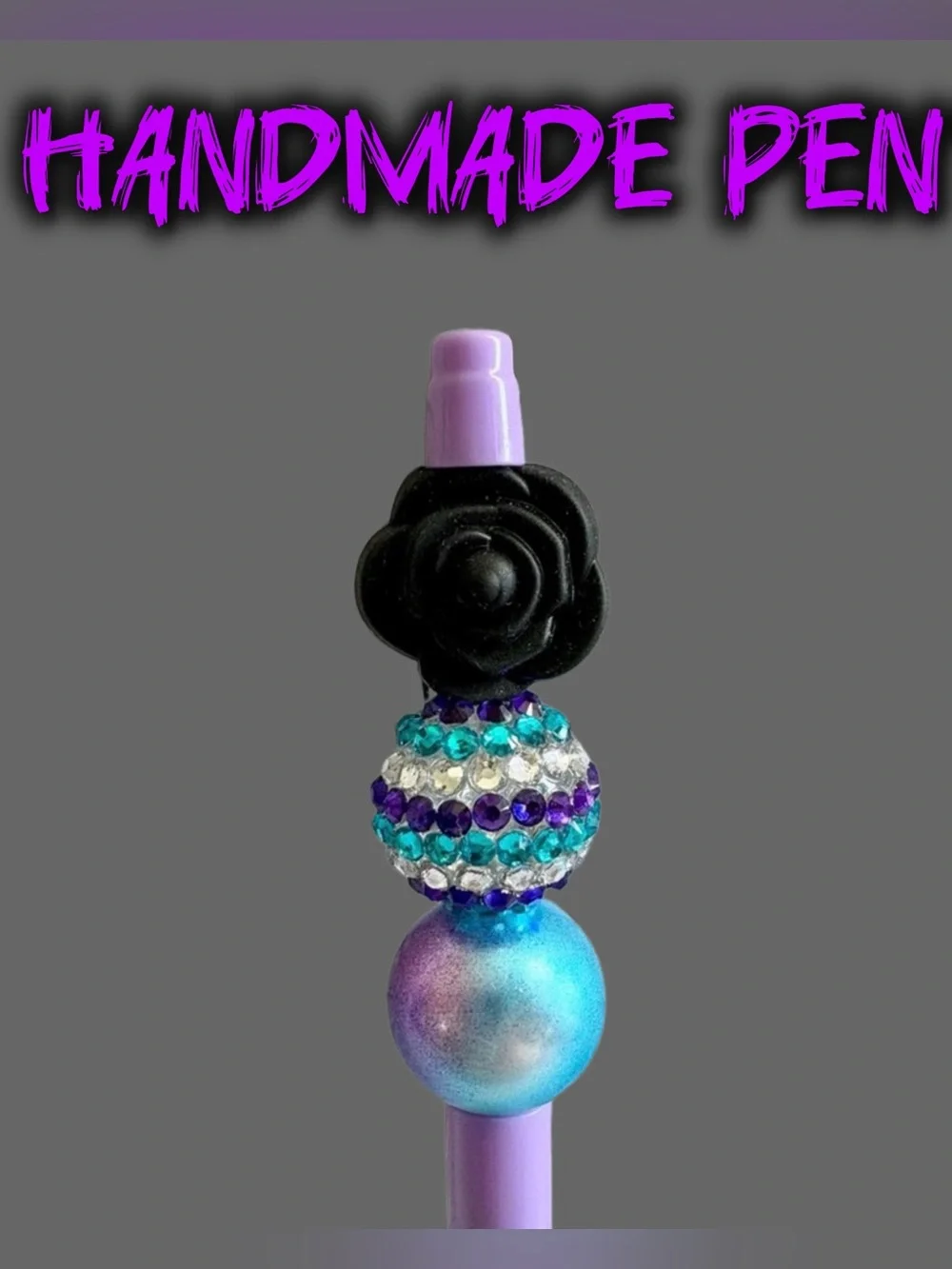 Black Rose Purple Custom Rhinestone Bead Ink Pen